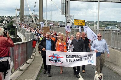 Colin Martin leads 300 protesters across the Tamar Bridge