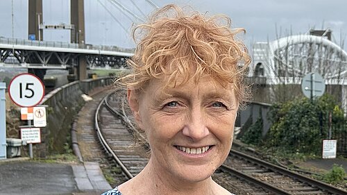 Cllr Hillary Frank, with the Saltash railway and Tamar Bridge in the background