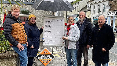 Five Liberal Democrat members stand outside in Liskeard, in front of a whiteboard showing public responses to questions in a Yes/No format. The Santander branch is in the background.